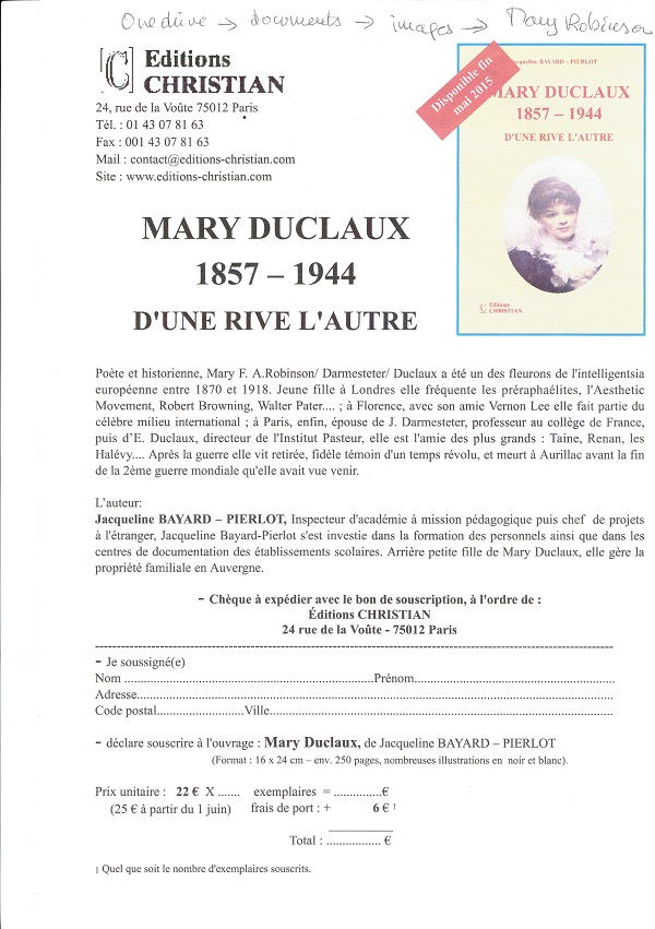 Mary Robinson-Duclaux, d’une rive l’autre